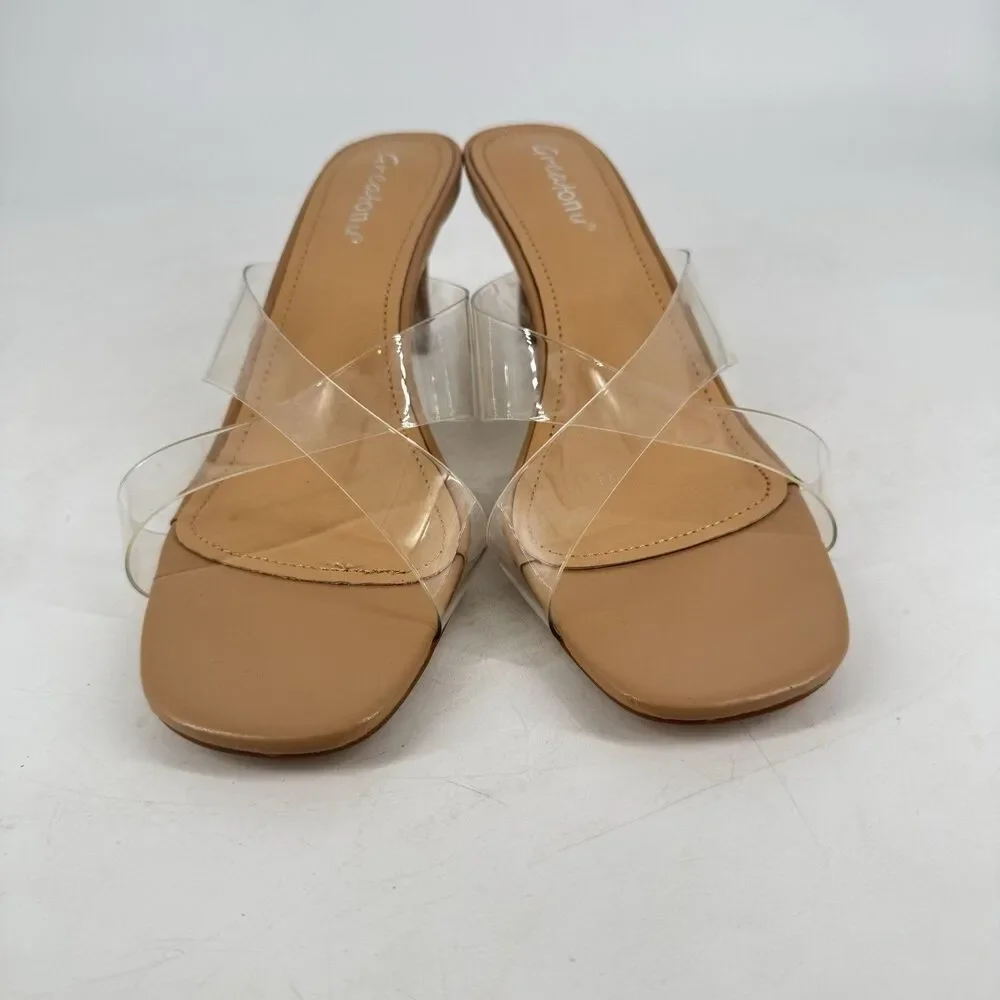 Greatonu Women’s Size 9 Clear Strap Heeled Sandals Nude Tan Square Toe